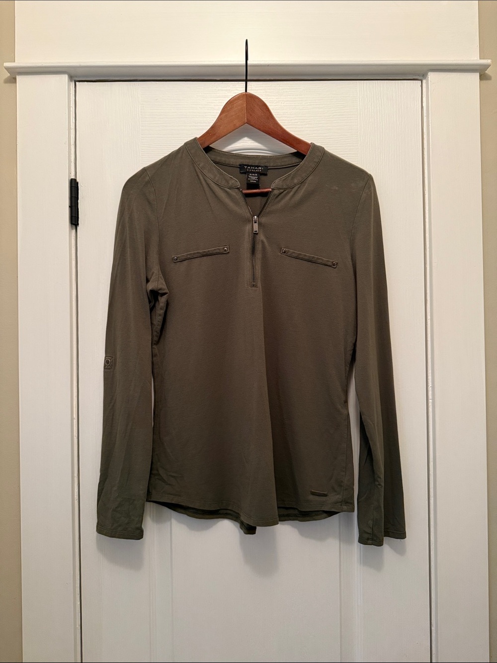 Tahari Olive Green Half-Zip Long Sleeve Top